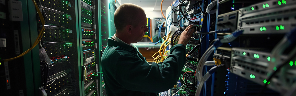 A man in green suit connecting wires in a datacenter